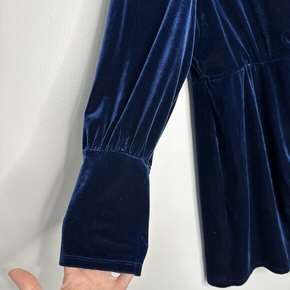 Express Faux Wrap Mini Dress Size XL Navy Blue Velvet Ruched - Picture 4 of 11